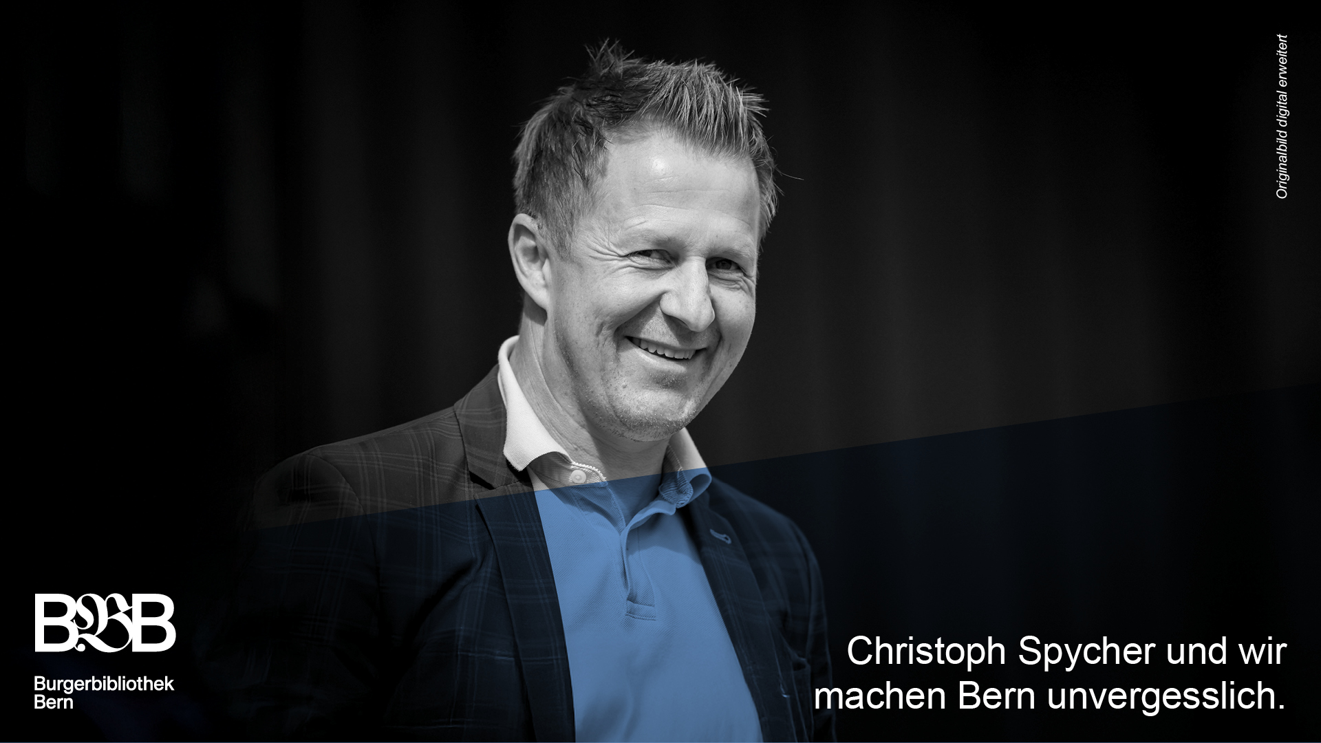 Portraifoto Christoph Spycher. Text: Christoph Spycher und wir machen Bern unvergesslich.