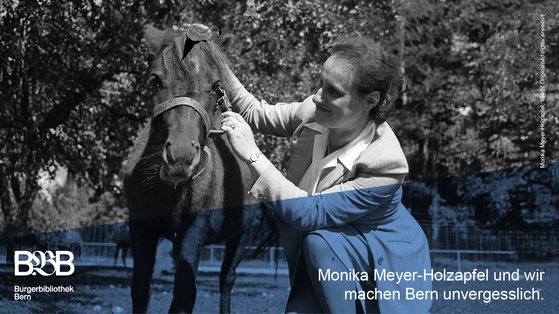 Portraitfoto Monika Meyer-Holzapfel. Text: Monika Meyer-Holzapfel und wir machen Bern unvergesslich.