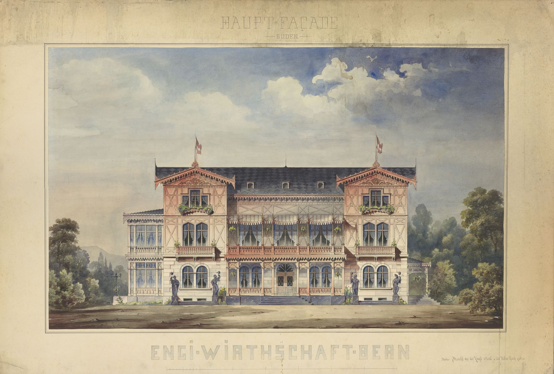 Zeichnung Frontansicht eines Gebäudes.
